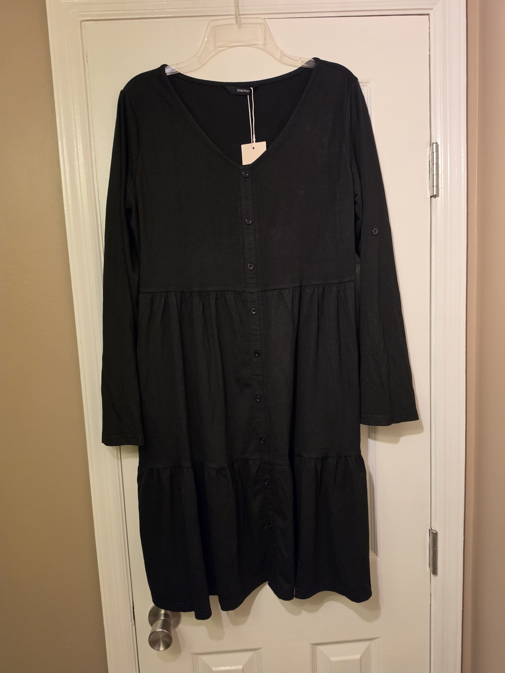 Women's Black Button-Front Long Sleeve Tiered Dress